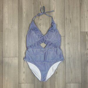 Aerie XXL One Piece Full Coverage Cut Out Ruffle Striped Nautical Swimsuit